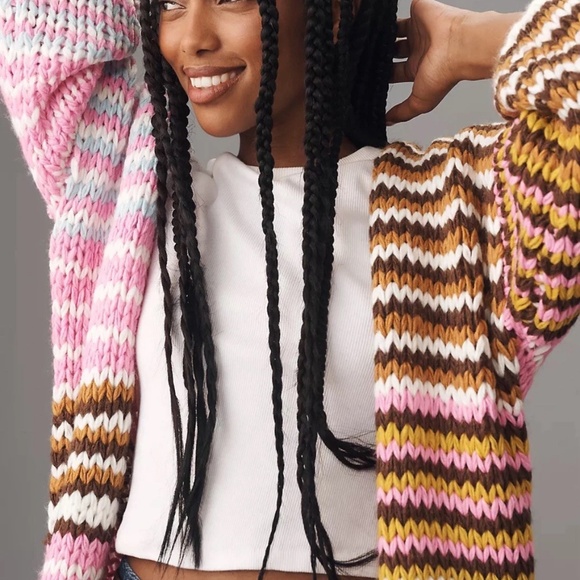 NWT By Anthropologie Cozy Cardigan Sweater ONE SIZE PINK STRIPED open front - Picture 3 of 3